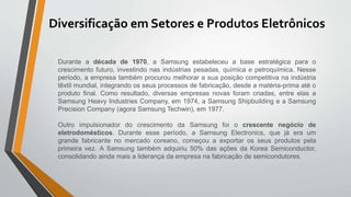 Diversificação em Setores e Produtos Eletrônicos
Durante a década de 1970, a Samsung estabeleceu a base estratégica para o
crescimento futuro, investindo nas indústrias pesadas, química e petroquímica. Nesse
período, a empresa também procurou melhorar a sua posição competitiva na indústria
têxtil mundial, integrando os seus processos de fabricação, desde a matéria-prima até o
produto final. Como resultado, diversas empresas novas foram criadas, entre elas a
Samsung Heavy Industries Company, em 1974, a Samsung Shipbuilding e a Samsung
Precision Company (agora Samsung Techwin), em 1977.
Outro impulsionador do crescimento da Samsung foi o crescente negócio de
eletrodomésticos. Durante esse período, a Samsung Electronics, que já era um
grande fabricante no mercado coreano, começou a exportar os seus produtos pela
primeira vez. A Samsung também adquiriu 50% das ações da Korea Semiconductor,
consolidando ainda mais a liderança da empresa na fabricação de semicondutores.
 