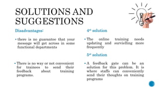 Disadvantages: 4st solution
 The online training needs
updating and survielling more
frequently
5st solution
 A feedback gate can be an
solution for this problem. It is
where staffs can conveniently
send their thoughts on training
programs
 there is no guarantee that your
message will get across in some
functional departments
 There is no way or not convenient
for trainees to send their
feedback about training
programs.
 