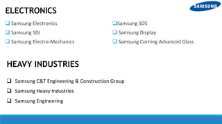 ELECTRONICS
 Samsung Electronics
 Samsung SDI
 Samsung Electro-Mechanics
Samsung SDS
 Samsung Display
 Samsung Corning Advanced Glass
 Samsung C&T Engineering & Construction Group
 Samsung Heavy Industries
 Samsung Engineering
HEAVY INDUSTRIES
 