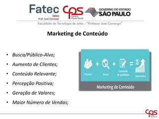 Marketing de Conteúdo
• Busca/Público-Alvo;
• Aumento de Clientes;
• Conteúdo Relevante;
• Percepção Positiva;
• Geração de Valores;
• Maior Número de Vendas;
 