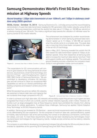 5G Vision White Paper 16
Record-breaking 1.2Gbps data transmission at over 100km/h, and 7.5Gbps in stationary condi-
tions using 28GHz spectrum
Figure A Achieved Data Rate in Mobile Condition (1.2Gbps)
Samsung Demonstrates World’s First 5G Data Trans-
mission at Highway Speeds
SEOUL, Korea – October 15, 2014 – Samsung Electronics Co., Ltd today announced the record-breaking
demonstration of super-fast data transmission targeted for fifth generation (5G) mobile networks using 28 GHz
spectrum. Samsung researchers confirmed the world’s first data rate of 1.2 Gbps, or 150 MB per second on
a vehicle cruising at over 100 km/h. This marks a significant step towards the utilization of millimeter wave fre-
quency bands for 5G mobile networks
In order to achieve such high data rates, 5G networks will inevitably exploit frequencies much higher and less
congested than those of which are currently used for cellular networks (typically under 3 GHz). However, dif-
ficulties such as large propagation loss at these frequency bands have prohibited the industry from utilizing
these bands for cellular applications. To address these challenges, Samsung has applied ‘Hybrid Adaptive
Array Technology’ at 28 GHz frequency bands.
In addition, Samsung has revealed its ‘5G Rainbow’ – seven technical requirements which are pillars to ensure
a truly differentiating 5G user experience. The list comprises of maximum data rate, spectral efficiency, speed
of mobility, data transmission rate at the cell boundary, the number of simultaneous connections, communica-
tion delays, and cost. To meet these requirements, Samsung has been developing key technologies includ-
ing transmission technologies for high frequency bands, multiple access schemes and low latency networks
among others.
The company is committed to developing innovative technologies that will enable the 5G era and plans to dem-
onstrate its capabilities at the upcoming 2018 PyeongChang and 2020 Tokyo Olympics.
The achievement was bolstered by another record-break-
ing demonstration in which Samsung achieved data trans-
mission speed up to 7.5 Gbps, or 940 MB per second
when the vehicle came to a complete stop. The peak data
rate is more than thirty times faster compared to the state-
of-the-art 4G LTE technology.
Back in May, 2013, Samsung revealed the world’s first 28
GHz based 5G data transmission speed of 1Gbps at pe-
destrian speeds. Since then researches at Samsung were
able to increase the maximum data rate by more than 7-fold
and support mobility up to highway speeds. The continued
ground breaking success underlines the company’s lead-
ership in next-generation mobile communications.
“The expectations for 5G communications will con-
tinue to grow based on the rising demands for smart
devices,cloudservices,smarthometechnology,and
Internet of Things” , said ChangYeong Kim, Head of
DMC R&D Center of Samsung Electronics. “We are
committed to developing innovative 5G technolo-
gies and will continue to utilize our exceptional R&D
capabilities as well as our diverse partnerships with
leading companies and research centers around the
world”.
While 5G standard has yet to be ratified, 5G networks
are expected to feature data rates and capacity that
are hundreds times larger compared to 4G LTE. Figure B Achieved Data Rate in Stationary Condition (7.5Gbps)
 