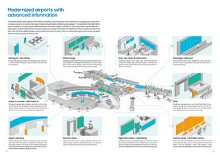 Modernized airports with
advanced information
Findingthe perfectwayto deliverinformationtotravelers is becoming even more important as messages are comingfrom
numerous sources.As airports have grown largerand passengernumbers have increased, it is imperative information deliv-
eredtotravelers is concise, easyto understandwhich increasestravelers’satisfaction. Samsung’swide range of digital dis-
plays allows airportsto deliverthe most up-to-date and accurate informationtotravelersfromthe momenttheystep inthe
door. Not onlydothe digital displays guidetravelersthroughthe airport,theyare revolutionizingthewaytheyare managed
with innovative operational productivity.
4
Parking lot / Bus shelter
Outdoorsignage and outdoorLED displays provide directions
to travelerswhile looking fora place to park orthe location to
be dropped off.
54
Duty-free shops & restaurants
Standalone signage and indoor LEDs provide promotional
content from shops, events orcityinformation. Restaurants or
pubs incorporate video walls into theirstores utilizing them as
digital menu boards.
Passenger walkways
Indoor LEDs and video walls highlight the culture and herit-
age of a country to passengers and captivate them with at-
tractive advertising.
Control center / Air traffic control
IndoorLEDs andvideo walls allowthe airport workers to monitor
and manage the entire airport in airport operation control center
(AOCC), ensuring passengers' safety. High-resolution curved
monitorsandinteractivedisplayscanbeusedtocontrolairtrafﬁc.
Check-in counter / Self check-in
Standalone signage gives travelers directions to the airline
counter.With interactive display, travelers are allowed to check
into theirﬂight themselves. Curved monitors also increase the
CUTE (Common Use Terminal Equipment) operators’productivity.
Gate
Standalone signage delivers up-to-date ﬂight data to pas-
sengers waiting at the boarding gate. During the wait, out-
doorsignage can feature last minute retail and food purchas-
es to maximizing airport and businesses proﬁts.
Airport entrance
Outdoor signage and outdoor LED displays provide travelers
withinformationfromparkinglotdetails,terminaldirectionand
businesses located in the airport to visit. Outdoor LEDs present
vivid content that allows foradvertising space fornon-aeronau-
tical businesses generating additional revenue.
Airline lounge
Standalonesignageseamlesslydeliversﬂightinformationandair-
linemessagestoitspassengerswhilewaitinginanairportlounge.
With curved monitors, travelers enjoy immersive entertainment
andincreaseproductivitywhileworking,waitingtodepart.
Security check
Entering the security line is always dreaded. However, stan-
dalone signage provides detailed information to travelers of
securityprocedures and open aisles to ease the process.
Flight information / Wayfinding
Standalone signage, indoorLED signage and video walls provide
the most up-to-date gate details and ﬂight times to passengers.
Interactivedisplaysprovidedetailedinformationtotravelers,en-
hancetheirunderstandingoftheairportandreducepinchpoints.
 