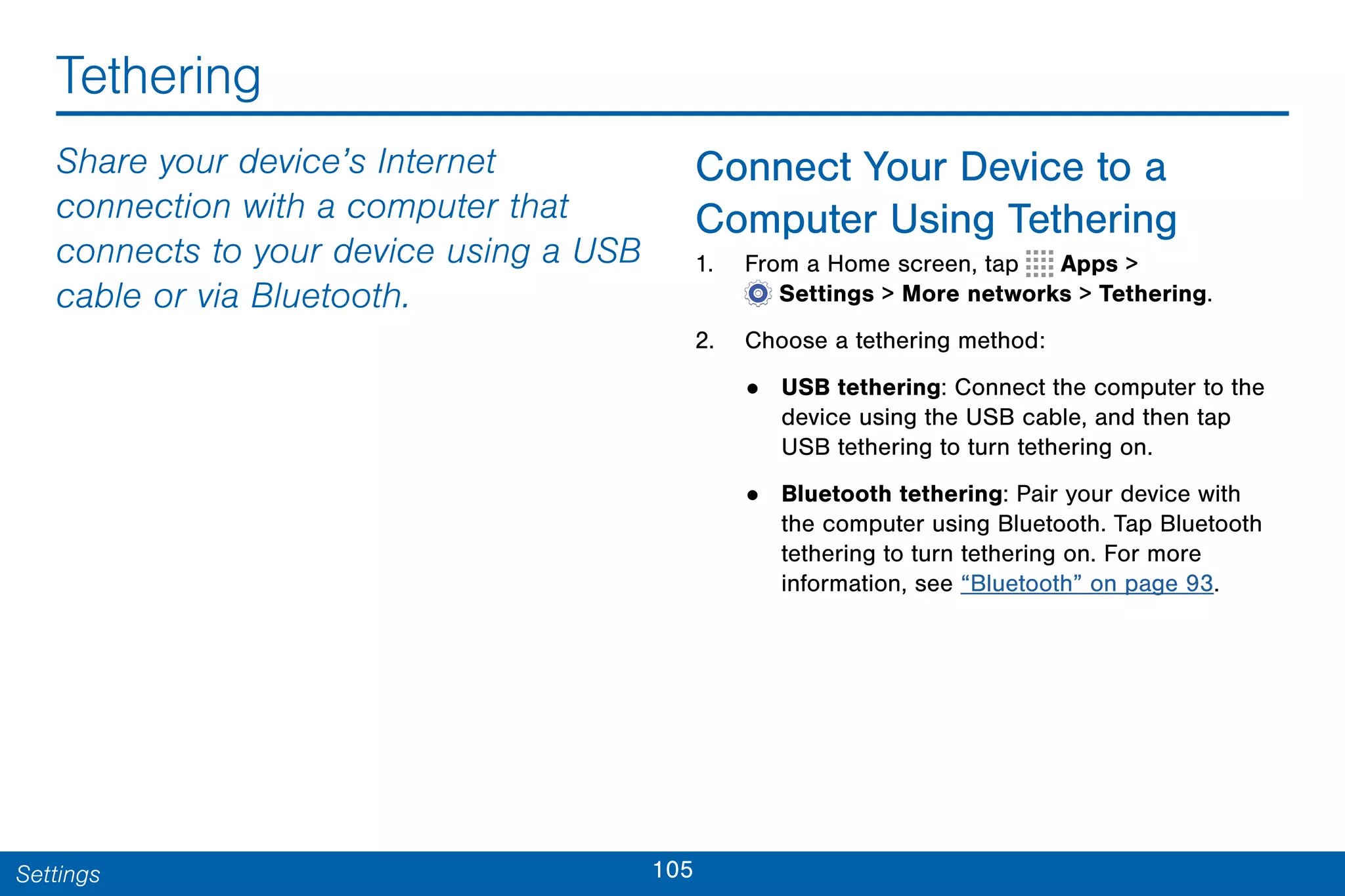 105Settings
Tethering
Share your device’s Internet
connection with a computer that
connects to your device using a USB
cable or via Bluetooth.
Connect Your Device to a
Computer Using Tethering
1. From a Home screen, tap Apps >
 Settings > More networks > Tethering.
2. Choose a tethering method:
• USB tethering: Connect the computer to the
device using the USB cable, and then tap
USB tethering to turn tethering on.
• Bluetooth tethering: Pair your device with
the computer using Bluetooth. Tap Bluetooth
tethering to turn tethering on. For more
information, see “Bluetooth” on page 93.
 