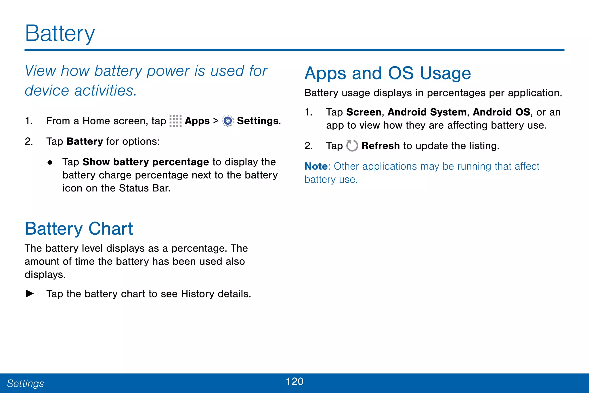 120Settings
Battery
View how battery power is used for
device activities.
1. From a Home screen, tap Apps >  Settings.
2. Tap Battery for options:
• Tap Show battery percentage to display the
battery charge percentage next to the battery
icon on the Status Bar.
Battery Chart
The battery level displays as a percentage. The
amount of time the battery has been used also
displays.
► Tap the battery chart to see History details.
Apps and OS Usage
Battery usage displays in percentages per application.
1. Tap Screen, Android System, Android OS, or an
app to view how they are affecting battery use.
2. Tap Refresh to update the listing.
Note: Other applications may be running that affect
battery use.
 
