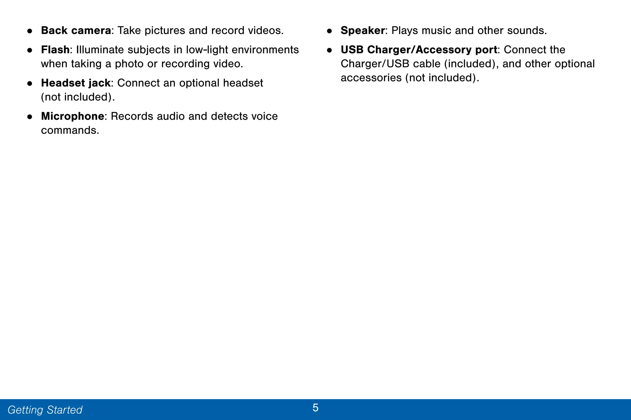 5Getting Started
• Back camera: Take pictures and record videos.
• Flash: Illuminate subjects in low-light environments
when taking a photo or recording video.
• Headset jack: Connect an optional headset
(not included).
• Microphone: Records audio and detects voice
commands.
• Speaker: Plays music and other sounds.
• USB Charger/Accessory port: Connect the
Charger/USB cable (included), and other optional
accessories (not included).
 