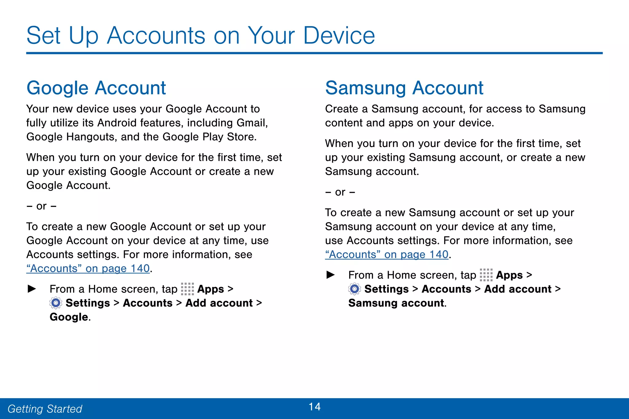 14Getting Started
Set Up Accounts on Your Device
Google Account
Your new device uses your Google Account to
fully utilize its Android features, including Gmail,
Google Hangouts, and the Google Play Store.
When you turn on your device for the first time, set
up your existing Google Account or create a new
Google Account.
– or –
To create a new Google Account or set up your
Google Account on your device at any time, use
Accounts settings. For more information, see
“Accounts” on page 140.
► From a Home screen, tap Apps >
 Settings > Accounts > Add account >
Google.
Samsung Account
Create a Samsung account, for access to Samsung
content and apps on your device.
When you turn on your device for the first time, set
up your existing Samsung account, or create a new
Samsung account.
– or –
To create a new Samsung account or set up your
Samsung account on your device at any time,
use Accounts settings. For more information, see
“Accounts” on page 140.
► From a Home screen, tap Apps >
 Settings > Accounts > Add account >
Samsung account.
 