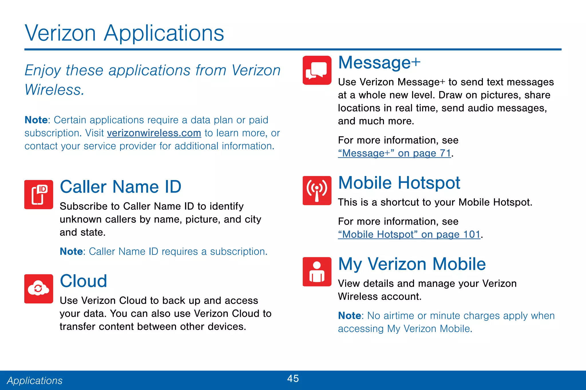 45Applications
Verizon Applications
Enjoy these applications from Verizon
Wireless.
Note: Certain applications require a data plan or paid
subscription. Visit verizonwireless.com to learn more, or
contact your service provider for additional information.
Caller Name ID
Subscribe to Caller Name ID to identify
unknown callers by name, picture, and city
and state.
Note: Caller Name ID requires a subscription.
Cloud
Use Verizon Cloud to back up and access
your data. You can also use Verizon Cloud to
transfer content between other devices.
Message+
Use Verizon Message+ to send text messages
at a whole new level. Draw on pictures, share
locations in real time, send audio messages,
and much more.
For more information, see
“Message+” on page 71.
Mobile Hotspot
This is a shortcut to your Mobile Hotspot.
For more information, see
“Mobile Hotspot” on page 101.
My Verizon Mobile
View details and manage your Verizon
Wireless account.
Note: No airtime or minute charges apply when
accessing My Verizon Mobile.
 