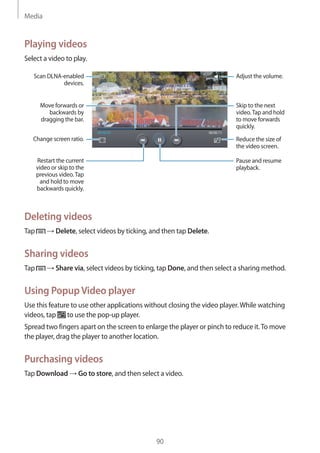 Media
90
Playing videos
Select a video to play.
Change screen ratio.
Move forwards or
backwards by
dragging the bar.
Scan DLNA-enabled
devices.
Restart the current
video or skip to the
previous video.Tap
and hold to move
backwards quickly.
Skip to the next
video.Tap and hold
to move forwards
quickly.
Adjust the volume.
Reduce the size of
the video screen.
Pause and resume
playback.
Deleting videos
Tap → Delete, select videos by ticking, and then tap Delete.
Sharing videos
Tap → Share via, select videos by ticking, tap Done, and then select a sharing method.
Using PopupVideo player
Use this feature to use other applications without closing the video player.While watching
videos, tap to use the pop-up player.
Spread two fingers apart on the screen to enlarge the player or pinch to reduce it.To move
the player, drag the player to another location.
Purchasing videos
Tap Download → Go to store, and then select a video.
 