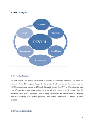 8
PESTELAnalysis
P for Political factors
In most markets, the political environment is favorable to Samsung’s operations. ...