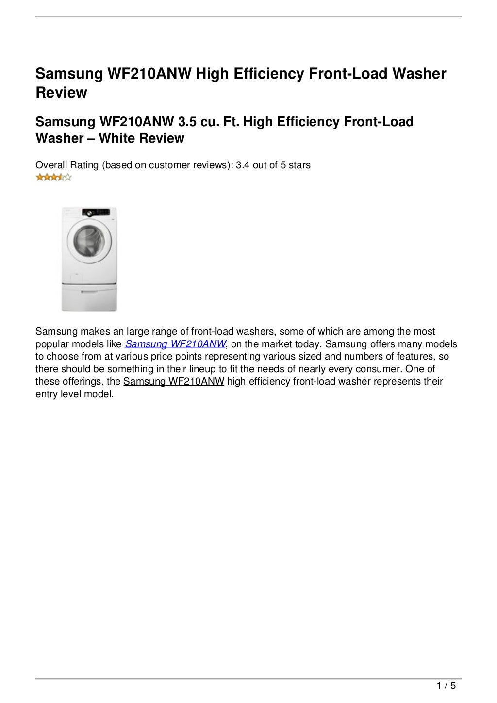 Samsung WF210ANW High Efficiency FrontLoad Washer Review