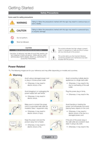 Getting Started 
Safety Precautions 
English - 4 Icons used for safety precautions 
WARNING Failing to follow the precautions marked with this sign may result in a serious injury or 
even a fatality. 
CAUTION Failing to follow the precautions marked with this sign may result in a personal injury 
or property damage. 
Do not perform. 
Must be followed. 
CAUTION 
RISK OF ELECTRIC SHOCK DO NOT OPEN 
CAUTION: TO REDUCE THE RISK OF ELECTRIC SHOCK, DO 
NOT REMOVE COVER (OR BACK). THERE ARE NO USER 
SERVICEABLE PARTS INSIDE. REFER ALL SERVICING TO 
QUALIFIED PERSONNEL. 
This symbol indicates that high voltage is present 
inside. It is dangerous to make any kind of contact 
with any internal part of this product. 
This symbol alerts you that important literature 
concerning operation and maintenance has been 
included with this product. 
Power Related 
✎✎The following images are for your reference and may differ depending on models and countries. 
Warning 
Avoid using a damaged power cord 
or plug or a loose power outlet. 
•• Otherwise, it may result in 
electric shock or fire. 
Avoid connecting multiple electric 
appliances to a single wall outlet. 
•• Otherwise, it may result in fire 
due to overheating of the wall 
outlet. 
Avoid plugging in or unplugging the 
power supply with wet hands. 
•• Otherwise, it may result in 
electric shock. 
! 
Plug the power plug in firmly. 
•• Otherwise, it may result in fire. 
! 
Make sure to connect the power 
cord to a grounded wall outlet (for 
insulation class 1 equipment only). 
•• Otherwise, it may result in 
electric shock or injury. 
Avoid bending or twisting the 
power cord excessively and avoid 
placing heavy objects on the cord. 
•• Otherwise, it may result in 
electric shock or fire due to a 
damaged power cord. 
Keep the power cord and the 
product away from a heater. 
•• Otherwise, it may result in 
electric shock or fire. 
! 
If the pins of the power plug or 
the wall outlet are covered in dust, 
clean it using a dry cloth. 
•• Otherwise, it may result in fire. 
 