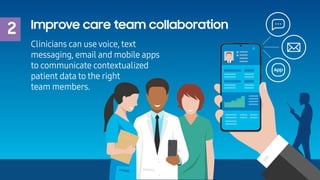2 Improve care team collaboration
Clinicians can use voice, text
messaging, email and mobile apps
to communicate contextua...