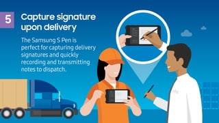 5 Capture signature
upon delivery
The Samsung S Pen is
perfect forcapturing delivery
signatures and quickly
recording and ...