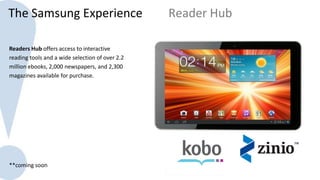 The Samsung Experience                           Reader Hub

Readers Hub offers access to interactive
reading tools and a wide selection of over 2.2
million ebooks, 2,000 newspapers, and 2,300
magazines available for purchase.




**coming soon
 