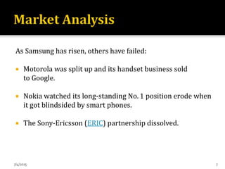 As Samsung has risen, others have failed:
 Motorola was split up and its handset business sold
to Google.
 Nokia watched its long-standing No. 1 position erode when
it got blindsided by smart phones.
 The Sony-Ericsson (ERIC) partnership dissolved.
7/4/2015 7
 