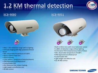 • Max. 1.2Km detection range with no lighting
• Intricate imaging with High-powered infrared
sensor
• Min. discernable temperature of 0.08°C
• Bulit-in 50mm Fixed Lens
• IFOV 0.47mrad
• Color pattern, Temperature Detection(Alarm)
• IP66 Approved Dust/Waterproof
• Customizable OSD
• DLC (Diamond Like Carbon Coating)
• Light weight and effective cost
• RS-485 control
• Built-in 50mm lens with micro bolometer sensor
• 1,280m of detection range without lighting
• 0.47mrad of IFOV (Instantaneous Field-of-View)
• Min. discernable temperature of 0.08°C
• IP66 Approved Dust/Waterproof
• Customizable OSD
• Light weight and effective cost
• SD, RS-485 control
 