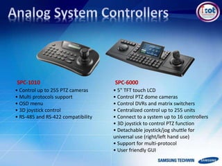 • 5" TFT touch LCD
• Control PTZ dome cameras
• Control DVRs and matrix switchers
• Centralized control up to 255 units
• Connect to a system up to 16 controllers
• 3D joystick to control PTZ function
• Detachable joystick/jog shuttle for
universal use (right/left hand use)
• Support for multi-protocol
• User friendly GUI
• Control up to 255 PTZ cameras
• Multi protocols support
• OSD menu
• 3D joystick control
• RS-485 and RS-422 compatibility
SPC-1010 SPC-6000
 