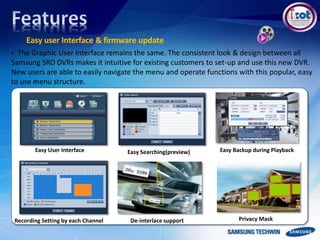 Easy user Interface & firmware update
Easy Searching(preview) Easy Backup during Playback
De-interlace support Privacy MaskRecording Setting by each Channel
Easy User Interface
 The Graphic User Interface remains the same. The consistent look & design between all
Samsung SRD DVRs makes it intuitive for existing customers to set-up and use this new DVR.
New users are able to easily navigate the menu and operate functions with this popular, easy
to use menu structure.
 