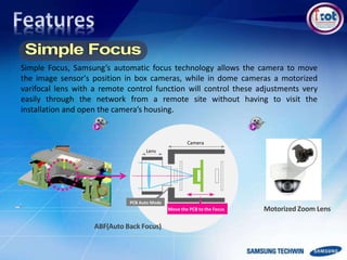 Simple Focus, Samsung’s automatic focus technology allows the camera to move
the image sensor's position in box cameras, while in dome cameras a motorized
varifocal lens with a remote control function will control these adjustments very
easily through the network from a remote site without having to visit the
installation and open the camera’s housing.
Camera
Lens
PCB Auto Mode
Move the PCB to the Focus
ABF(Auto Back Focus)
Motorized Zoom Lens
 