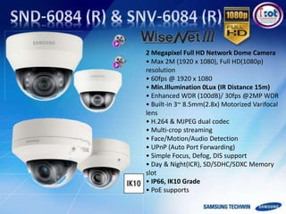 2 Megapixel Full HD Network Dome Camera
• Max 2M (1920 x 1080), Full HD(1080p)
resolution
• 60fps @ 1920 x 1080
• Min.Illumination 0Lux (IR Distance 15m)
• Enhanced WDR (100dB)/ 30fps @2MP WDR
• Built-in 3~ 8.5mm(2.8x) Motorized Varifocal
lens
• H.264 & MJPEG dual codec
• Multi-crop streaming
• Face/Motion/Audio Detection
• UPnP (Auto Port Forwarding)
• Simple Focus, Defog, DIS support
• Day & Night(ICR), SD/SDHC/SDXC Memory
slot
• IP66, IK10 Grade
• PoE supports
 