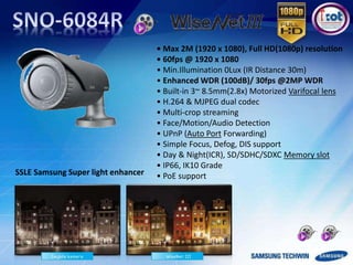 • Max 2M (1920 x 1080), Full HD(1080p) resolution
• 60fps @ 1920 x 1080
• Min.Illumination 0Lux (IR Distance 30m)
• Enhanced WDR (100dB)/ 30fps @2MP WDR
• Built-in 3~ 8.5mm(2.8x) Motorized Varifocal lens
• H.264 & MJPEG dual codec
• Multi-crop streaming
• Face/Motion/Audio Detection
• UPnP (Auto Port Forwarding)
• Simple Focus, Defog, DIS support
• Day & Night(ICR), SD/SDHC/SDXC Memory slot
• IP66, IK10 Grade
• PoE supportSSLE Samsung Super light enhancer
 