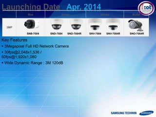 Box Dome Vandal Bullet
3MP
SNB-7004 SND-7084 SND-7084R SNO-7084RSNV-7084 SNV-7084R
Key Features
 3Megapixel Full HD Network Camera
 30fps@2,048x1,536 /
60fps@1,920x1,080
 Wide Dynamic Range : 3M 120dB
 