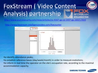 http://www.sourcesecurity.com/news/articles/co-4167-ga-co-1437-ga.16021.html
http://www.foxstream-intelligencevideo.com/foxcounter
•to identify attendance peaks;
•to establish reference bases (day/week/month) in order to measure evolutions;
•to inform in real time the operator on the site's occupation rate, according to the maximal
accommodation capacity.
 