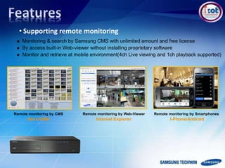 • Supporting remote monitoring
 Monitoring & search by Samsung CMS with unlimited amount and free license
 By access built-in Web-viewer without installing proprietary software
 Monitor and retrieve at mobile environment(4ch Live viewing and 1ch playback supported)
Remote monitoring by CMS
Net-I /SSM
Remote monitoring by Web-Viewer
Internet Explorer
Remote monitoring by Smartphones
I-Phone/Android
 