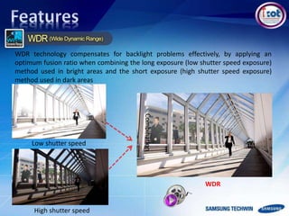 WDR technology compensates for backlight problems effectively, by applying an
optimum fusion ratio when combining the long exposure (low shutter speed exposure)
method used in bright areas and the short exposure (high shutter speed exposure)
method used in dark areas
Low shutter speed
High shutter speed
WDR
Combination
 