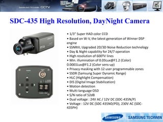 SDC-435 High Resolution, DayNight Camera
• 1/3” Super HAD color CCD
• Based on W-V, the latest generation of Winner DSP
engine
• SSNRIII, Upgraded 2D/3D Noise Reduction technology
• Day & Night capability for 24/7 operation
• High resolution of 600TV lines
• Min. illumination of 0.05Lux@F1.2 (Color)
0.0001Lux@F1.2 (Color sens-up)
• Privacy masking with 12 user programmable zones
• SSDR (Samsung Super Dynamic Range)
• HLC (Highlight Compensation)
• DIS (Digital Image Stabilization)
• Motion detection
• Multi-language OSD
• S/N ratio of 52dB
• Dual voltage : 24V AC / 12V DC (SDC-435N/P)
• Voltage : 12V DC (SDC-435ND/PD), 230V AC (SDC-
435PH)
 