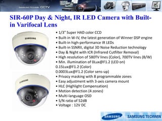 SIR-60P Day & Night, IR LED Camera with Built-
in Varifocal Lens
• 1/3” Super HAD color CCD
• Built-in W-IV, the latest generation of Winner DSP engine
• Built-in high-performance IR LEDs
• Built-in SSNRII, digital 3D Noise Reduction technology
• Day & Night with ICR (Infrared Cutfilter Removal)
• High resolution of 580TV lines (Color), 700TV lines (B/W)
• Min. illumination of 0Lux@F1.2 (LED on)
0.15Lux@F1.2 (Color)
0.0003Lux@F1.2 (Color sens-up)
• Privacy masking with 8 programmable zones
• Easy adjustment with 3-axis camera mount
• HLC (Highlight Compensation)
• Motion detection (4 zones)
• Multi-language OSD
• S/N ratio of 52dB
• Voltage : 12V DC
 