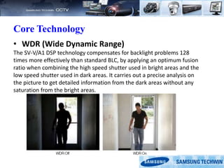 Core Technology
• WDR (Wide Dynamic Range)
The SV-V/A1 DSP technology compensates for backlight problems 128
times more effectively than standard BLC, by applying an optimum fusion
ratio when combining the high speed shutter used in bright areas and the
low speed shutter used in dark areas. It carries out a precise analysis on
the picture to get detailed information from the dark areas without any
saturation from the bright areas.
 