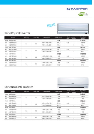 Serie Neo Forte Inverter
Serie Crystal Inverter
2.5
3.5
5.0
6.8
3.5
4.0
6.0
8.0
Modelo P.V.R. (Euros)
326,4
489,6
359,2
538,8
568
852
758
1.137
0,02
0,02
0,02
0,02
3
3
3
3
326,42
492,6
359,22
541,8
568,02
855
758,02
1.140
Dimensiones
820 x 285 x 190
790 x 548 x 285
820 x 285 x 190
790 x 548 x 285
1.065 x 298 x 222
880 x 638 x 310
1.065 x 298 x 222
880 x 638 x 310
Calor (Kw)Frío (Kw)
PACK AQV09EWA
INT. AQV09EWAN
EXT. AQV09EWAX
PACK AQV12EWA
INT. AQV12EWAN
EXT. AQV12EWAX
PACK AQV18EWA
INT. AQV18EWAN
EXT. AQV18EWAX
PACK AQV24EWA
INT. AQV24EWAN
EXT. AQV24EWAX
P.V.R. Total
(Euros)
Coste reciclaje
Pilas Equipo
816
898
1.420
1.895
819,02
901,02
1.423,02
1.898,02
2.5
3.3
5.0
6.8
3.3
4.0
6.0
8.0
Modelo P.V.R. (Euros)
258
387
275,6
413,4
500
750
698
1.047
0,02
0,02
0,02
0,02
3
3
3
3
258,02
390
275,62
416,4
500,02
753
698,02
1.050
Dimensiones
825 x 285 x 189
720 x 548 x 265
825 x 285 x 189
720 x 548 x 265
1.065 x 298 x 218
880 x 638 x 310
1.065 x 298 x 218
880 x 638 x 310
Calor (Kw)Frío (Kw)
PACK AQV09NSA
INT. AQV09NSAN
EXT. AQV09NSAX
PACK AQV12NSA
INT. AQV12NSAN
EXT. AQV12NSAX
PACK AQV18NSC
INT. AQV18NSCN
EXT. AQV18NSCX
PACK AQV24NSA
INT. AQV24NSAN
EXT. AQV24NSAX
P.V.R. Total
(Euros)
Coste reciclaje
Pilas Equipo
645
689
1.250
1.745
648,02
692,02
1.253,02
1.748,02
NOVEDAD
 