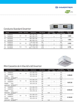 648
972
744
1.116
980
1.470
1.080
1.619
-
-
-
-
3
3
3
3
648
975
744
1.119
980
1.473
1.080
1.622
1.623
1.863
2.453
2.702
Dimensiones
900 x 260 x 480
880 x 638 x 310
900 x 260 x 480
880 x 638 x 310
1.150 x 260 x 480
932 x 1.128 x 375
1.150 x 260 x 480
932 x 1.128 x 375
Calor (Kw)
6.0
8.0
9.5
11.2
5.0
7.1
9.0
10.5
INT. DH052EAS
EXT. UH052EAS
INT. DH070EAS
EXT. UH070EAS
INT. DH090EAS
EXT. UH090EAS
INT. DH105EAS
EXT. UH105EAS
Conducto Standard Inverter
Modelo P.V.R. (Euros)DimensionesCalor (Kw)Frío (Kw)
P.V.R. Pack
(Euros)
P.V.R. (Euros)
Coste reciclaje incluido
Coste reciclaje
Pilas Equipo
Mini Cassette de 4 Vías 60 x 60 Inverter
2.6
3.5
4.7
5.8
3.3
4.0
5.5
7.0
0,02
0,02
0,02
0,02
3
3
3
3
Modelo (Monofásico) P.V.R. (Euros)
416
840
200
39
465
950
200
39
746
1.014
200
39
831
1.090
200
39
416
843
200
39,02
465
953
200
39,02
746
1.017
200
39,02
831
1.093
200
39,02
1.498,02
1.657,02
2.002,02
2.163,02
Dimensiones
575 x 260 x 575
790 x 548 x 285
670 x 670 x 35
575 x 260 x 575
790 x 548 x 285
670 x 670 x 35
575 x 260 x 575
880 x 638 x 310
670 x 670 x 35
575 x 260 x 575
880 x 638 x 310
670 x 670 x 35
Calor (Kw)Frío (Kw)
INT. TH026EAV1
EXT. UH026EAV1
PMSMA PANEL
MWR-BH01
INT. TH035EAV1
EXT. UH035EAV1
PMSMA PANEL
MWR-BH01
INT. TH052EAV1
EXT. UH052EAV1
PMSMA PANEL
MWR-BH01
INT. TH060EAV1
EXT. UH060EAV1
PMSMA PANEL
MWR-BH01
P.V.R. Pack
(Euros)
P.V.R. (Euros)
Coste reciclaje incluido
Coste reciclaje
Pilas Equipo
CONTROL REMOTO
INALÁMBRICO
CONTROL REMOTO
INALÁMBRICO
CONTROL REMOTO
INALÁMBRICO
CONTROL REMOTO
INALÁMBRICO
 
