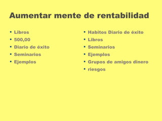 Aumentar mente de rentabilidad 
 Libros 
 500,00 
 Diario de éxito 
 Seminarios 
 Ejemplos 
 Habitos Diario de éxito 
 Libros 
 Seminarios 
 Ejemplos 
 Grupos de amigos dinero 
 riesgos 
 
