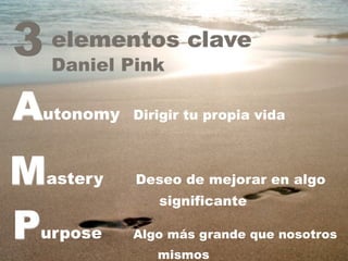 elementos clave 
Daniel Pink 
Autonomy Dirigir tu propia vida 
Mastery Deseo de mejorar en algo 
significante Purpose Algo más grande que nosotros 
mismos 
3 
 