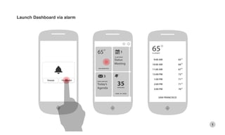 Snooze I’m Awake! 
65 1 
10 AM TODAY 
Status 
Meeting 
3 
FROM JOHN DOE 35 
Today’s 
Agenda 
minutes 
HOME WORK 
SAN FRANCISCO 
9:00 AM 
10:00 AM 
11:00 AM 
12:00 PM 
1:00 PM 
2:00 PM 
3:00 PM 
SAN FRANCISCO 
65 
66 
67 
72 
71 
71 
70 
65 
C LOUDY 
1 
Launch Dashboard via alarm 
 