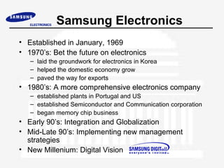 Samsung Electronics
• Established in January, 1969
• 1970’s: Bet the future on electronics
– laid the groundwork for electronics in Korea
– helped the domestic economy grow
– paved the way for exports
• 1980’s: A more comprehensive electronics company
– established plants in Portugal and US
– established Semiconductor and Communication corporation
– began memory chip business
• Early 90’s: Integration and Globalization
• Mid-Late 90’s: Implementing new management
strategies
• New Millenium: Digital Vision
 