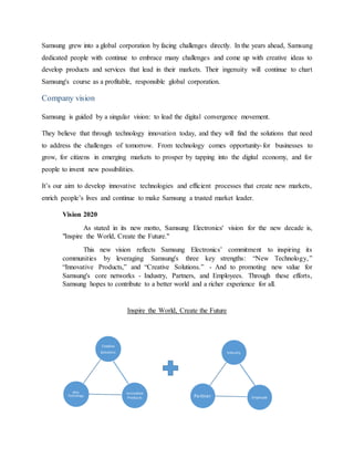 Samsung grew into a global corporation by facing challenges directly. In the years ahead, Samsung 
dedicated people with continue to embrace many challenges and come up with creative ideas to 
develop products and services that lead in their markets. Their ingenuity will continue to chart 
Samsung's course as a profitable, responsible global corporation. 
Company vision 
Samsung is guided by a singular vision: to lead the digital convergence movement. 
They believe that through technology innovation today, and they will find the solutions that need 
to address the challenges of tomorrow. From technology comes opportunity- for businesses to 
grow, for citizens in emerging markets to prosper by tapping into the digital economy, and for 
people to invent new possibilities. 
It’s our aim to develop innovative technologies and efficient processes that create new markets, 
enrich people’s lives and continue to make Samsung a trusted market leader. 
Vision 2020 
As stated in its new motto, Samsung Electronics' vision for the new decade is, 
"Inspire the World, Create the Future." 
This new vision reflects Samsung Electronics’ commitment to inspiring its 
communities by leveraging Samsung's three key strengths: “New Technology, ” 
“Innovative Products,” and “Creative Solutions.” - And to promoting new value for 
Samsung's core networks - Industry, Partners, and Employees. Through these efforts, 
Samsung hopes to contribute to a better world and a richer experience for all. 
Inspire the World, Create the Future 
New 
Technology 
Creative 
Solutions 
Innovative 
Products Partner 
Industry 
Employee 
 