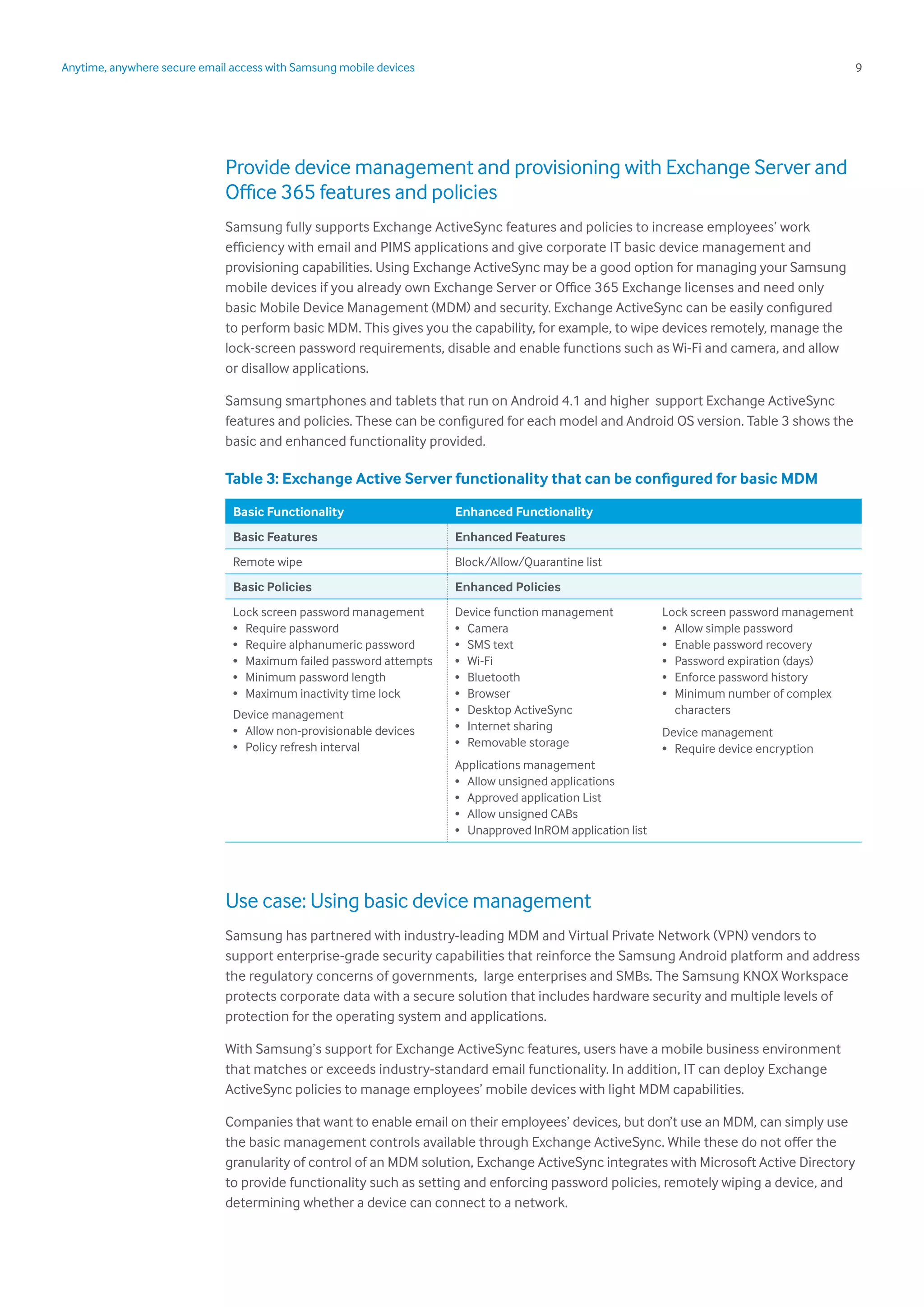 9Anytime, anywhere secure email access with Samsung mobile devices
Provide device management and provisioning with Exchange Server and
Office 365 features and policies
Samsung fully supports Exchange ActiveSync features and policies to increase employees’ work
efficiency with email and PIMS applications and give corporate IT basic device management and
provisioning capabilities. Using Exchange ActiveSync may be a good option for managing your Samsung
mobile devices if you already own Exchange Server or Office 365 Exchange licenses and need only
basic Mobile Device Management (MDM) and security. Exchange ActiveSync can be easily configured
to perform basic MDM. This gives you the capability, for example, to wipe devices remotely, manage the
lock-screen password requirements, disable and enable functions such as Wi-Fi and camera, and allow
or disallow applications.
Samsung smartphones and tablets that run on Android 4.1 and higher support Exchange ActiveSync
features and policies. These can be configured for each model and Android OS version. Table 3 shows the
basic and enhanced functionality provided.
Table 3: Exchange Active Server functionality that can be configured for basic MDM
Basic Functionality Enhanced Functionality
Basic Features Enhanced Features
Remote wipe Block/Allow/Quarantine list
Basic Policies Enhanced Policies
Lock screen password management
•	 Require password
•	 Require alphanumeric password
•	 Maximum failed password attempts
•	 Minimum password length
•	 Maximum inactivity time lock
Device management
•	 Allow non-provisionable devices
•	 Policy refresh interval
Device function management
•	Camera
•	 SMS text
•	Wi-Fi
•	Bluetooth
•	Browser
•	 Desktop ActiveSync
•	 Internet sharing
•	 Removable storage
Applications management
•	 Allow unsigned applications
•	 Approved application List
•	 Allow unsigned CABs
•	 Unapproved InROM application list
Lock screen password management
•	 Allow simple password
•	 Enable password recovery
•	 Password expiration (days)
•	 Enforce password history
•	 Minimum number of complex
characters
Device management
•	 Require device encryption
Use case: Using basic device management
Samsung has partnered with industry-leading MDM and Virtual Private Network (VPN) vendors to
support enterprise-grade security capabilities that reinforce the Samsung Android platform and address
the regulatory concerns of governments, large enterprises and SMBs. The Samsung KNOX Workspace
protects corporate data with a secure solution that includes hardware security and multiple levels of
protection for the operating system and applications.
With Samsung’s support for Exchange ActiveSync features, users have a mobile business environment
that matches or exceeds industry-standard email functionality. In addition, IT can deploy Exchange
ActiveSync policies to manage employees’ mobile devices with light MDM capabilities.
Companies that want to enable email on their employees’ devices, but don’t use an MDM, can simply use
the basic management controls available through Exchange ActiveSync. While these do not offer the
granularity of control of an MDM solution, Exchange ActiveSync integrates with Microsoft Active Directory
to provide functionality such as setting and enforcing password policies, remotely wiping a device, and
determining whether a device can connect to a network.
 