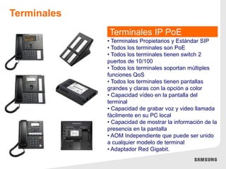 Terminales IP PoE
Terminales
• Terminales Propietarios y Estándar SIP
• Todos los terminales son PoE
• Todos los terminales tienen switch 2
puertos de 10/100
• Todos los terminales soportan múltiples
funciones QoS
• Todos los terminales tienen pantallas
grandes y claras con la opción a color
• Capacidad vídeo en la pantalla del
terminal
• Capacidad de grabar voz y video llamada
fácilmente en su PC local
• Capacidad de mostrar la información de la
presencia en la pantalla
• AOM Independiente que puede ser unido
a cualquier modelo de terminal
• Adaptador Red Gigabit.
 