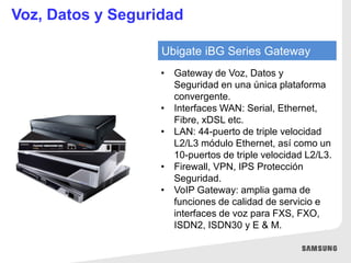 Ubigate iBG Series Gateway
• Gateway de Voz, Datos y
Seguridad en una única plataforma
convergente.
• Interfaces WAN: Serial, Ethernet,
Fibre, xDSL etc.
• LAN: 44-puerto de triple velocidad
L2/L3 módulo Ethernet, así como un
10-puertos de triple velocidad L2/L3.
• Firewall, VPN, IPS Protección
Seguridad.
• VoIP Gateway: amplia gama de
funciones de calidad de servicio e
interfaces de voz para FXS, FXO,
ISDN2, ISDN30 y E & M.
Voz, Datos y Seguridad
 