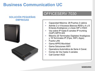 OFFICESERV 7030
• Capacidad Máxima: 28 Puertos 2 cabina
• Admite 2 o 4 Accesos Básicos RDSI y 4 u 8
Enlaces Analógicos y Líneas SIP o H323
• Voz sobre IP hasta 8 canales IP trunking
(VoIP) SIP/H.323
• Máximo 20 Terminales Digitales/ Analógicos
y 18 Terminales IP (Fijos, WIFI, Apps)
• Puerto LAN
• Gama APPS Movilidad
• Gama Soluciones WIFI
• Operadora Automática de Serie 4 Canal.
• Correo de Voz hasta 4 canales
• Call Center/ ACD
SOLUCIÓN PEQUEÑAS
EMPRESAS
Business Communication UC
 