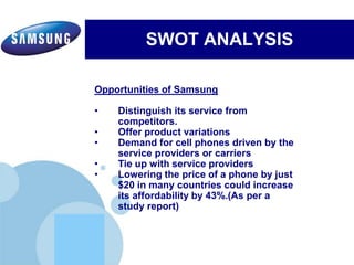 www.company.com
SWOT ANALYSIS
Electronics’ commitment to inspiring its communities by leveraging
Samsung's three key strengths:Electronics’ commitment to inspiring its communities by leveraging
Samsung's three key strengths:
Opportunities of Samsung
• Distinguish its service from
competitors.
• Offer product variations
• Demand for cell phones driven by the
service providers or carriers
• Tie up with service providers
• Lowering the price of a phone by just
$20 in many countries could increase
its affordability by 43%.(As per a
study report)
 