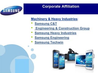 www.company.com
Corporate Affiliation
Machinery & Heavy Industries:
• Samsung C&T
• Engineering & Construction Group
• Samsung Heavy Industries
• Samsung Engineering
• Samsung Techwin
 