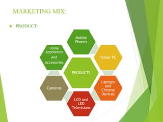 MARKETING MIX:
 PRODUCT:
PRODUCTS
Mobile
Phones
Tablet PC
Laptops
and
Chrome
Devices
LCD and
LED
Televisions
Cameras
Home
Appliances
And
Accessories
 