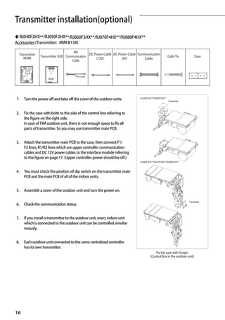 Transmitter installation(optional)
        A
        ◆ RJ040F2HX**/RJ050F2HX**/RJ060F3HX**/RJ070F4HX**/RJ080F4HX**
        Accessories (Transmitter: MIM-B13A)

                                                             485
          Transmitter                                                  DC Power Cable DC Power Cable Communication
                                         Transmitter SUB Communication                                                         Cable Tie          Case
             MAIN                                                          (12V)           (5V)         Cable
                                                            Cable
                           R2 R1 R2 R1
                                                 R2 R1 R2 R1 R2 R1 R2 R1
                                              R2 R1 R2R2 R1 R2R1R2 R1
                                                    R2 R1 R2 R1R1
                                                       R1 R2               R2 R1 R2 R1




                     R1 R2       R1 R2
R1 R2                     R1 R2 R2
                              R1                      R1 R2

             R1 R2 R1 R2




        1.     Turn the power off and take off the cover of the outdoor units.                       RJ040F2HX**/RJ050F2HX**
                                                                                                                               Transmitter




        2.     Fix the case with bolts to the side of the control box referring to
               the figure on the right side.
               In case of FJM outdoor unit, there is not enough space to fix all
               parts of transmitter. So you may use transmitter main PCB.


        3.     Attach the transmitter main PCB to the case, then connect F1/
               F2 lines, R1/R2 lines which are upper controller communication
               cables and DC 12V power cables to the interface module referring
               to the figure on page 17. (Upper controller power should be off.)
                                                                                                     RJ060F3HX**/RJ070F4HX**/RJ080F4HX**



        4.     You must check the position of dip switch on the transmitter main
               PCB and the main PCB of all of the indoor units.


        5.     Assemble a cover of the outdoor unit and turn the power on.

                                                                                                                                             Transmitter
        6.     Check the communication status.


        7.     If you install a transmitter to the outdoor unit, every indoor unit
               which is connected to the outdoor unit can be controlled simulta-
               neously.


        8.     Each outdoor unit connected to the same centralized controller
               has its own transmitter.
                                                                                                                  Fix the case with hinges
                                                                                                              (Control Box in the outdoor unit)




        16
 
