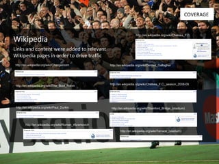 Wikipedia http://en.wikipedia.org/wiki/Terrace_(stadium) http://en.wikipedia.org/wiki/Changeroom http://en.wikipedia.org/wiki/The_Boot_Room http://en.wikipedia.org/wiki/Paul_Durkin http://en.wikipedia.org/wiki/Chelsea_F.C. http://en.wikipedia.org/wiki/Dermot_Gallagher http://en.wikipedia.org/wiki/Chelsea_F.C._season_2008-09 http://en.wikipedia.org/wiki/Stamford_Bridge_(stadium) http://en.wikipedia.org/wiki/Roman_Abramovich COVERAGE Links and content were added to relevant  Wikipedia pages in order to drive traffic 