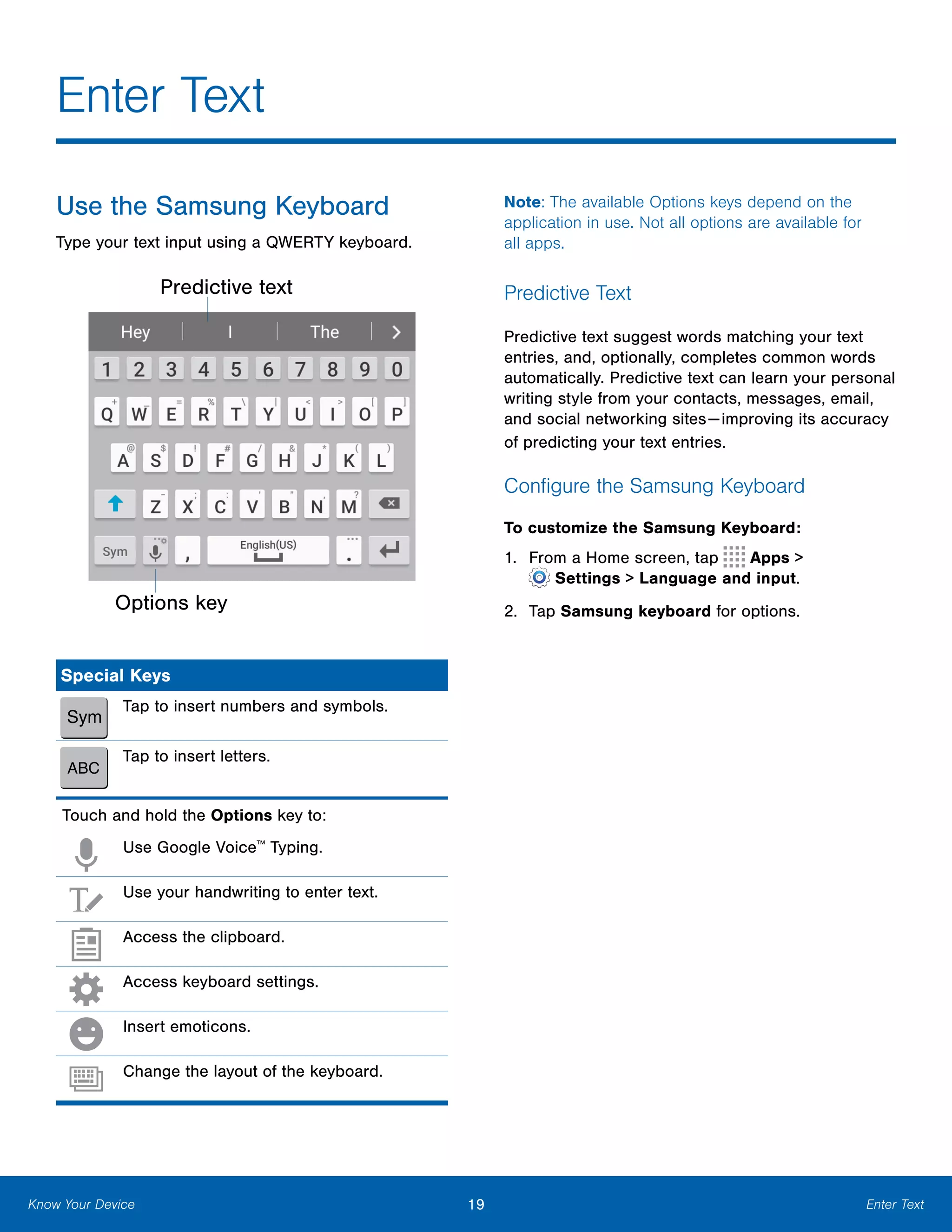 Know Your Device
Enter Text

Use the Samsung Keyboard
Type your text input using a QWERTY keyboard.
Predictive text
Options key

Special Keys
Tap to insert numbers and symbols.
Tap to insert letters.
Touch and hold the Options key to:
Use Google Voice™
Typing.
Use your handwriting to enter text.
Access the clipboard.
Access keyboard settings.
Insert emoticons.
Change the layout of the keyboard.
Note: The available Options keys depend on the
application in use. Not all options are available for
all apps.
Predictive Text
Predictive text suggest words matching your text
entries, and, optionally, completes common words
automatically. Predictive text can learn your personal
writing style from your contacts, messages, email,
and social networking sites—improving its accuracy
of predicting your text entries.
Configure the Samsung Keyboard
To customize the Samsung Keyboard:
1. From a Home screen, tap Apps >
 Settings > Language and input.
2. Tap Samsung keyboard for options.
19 Enter Text
 