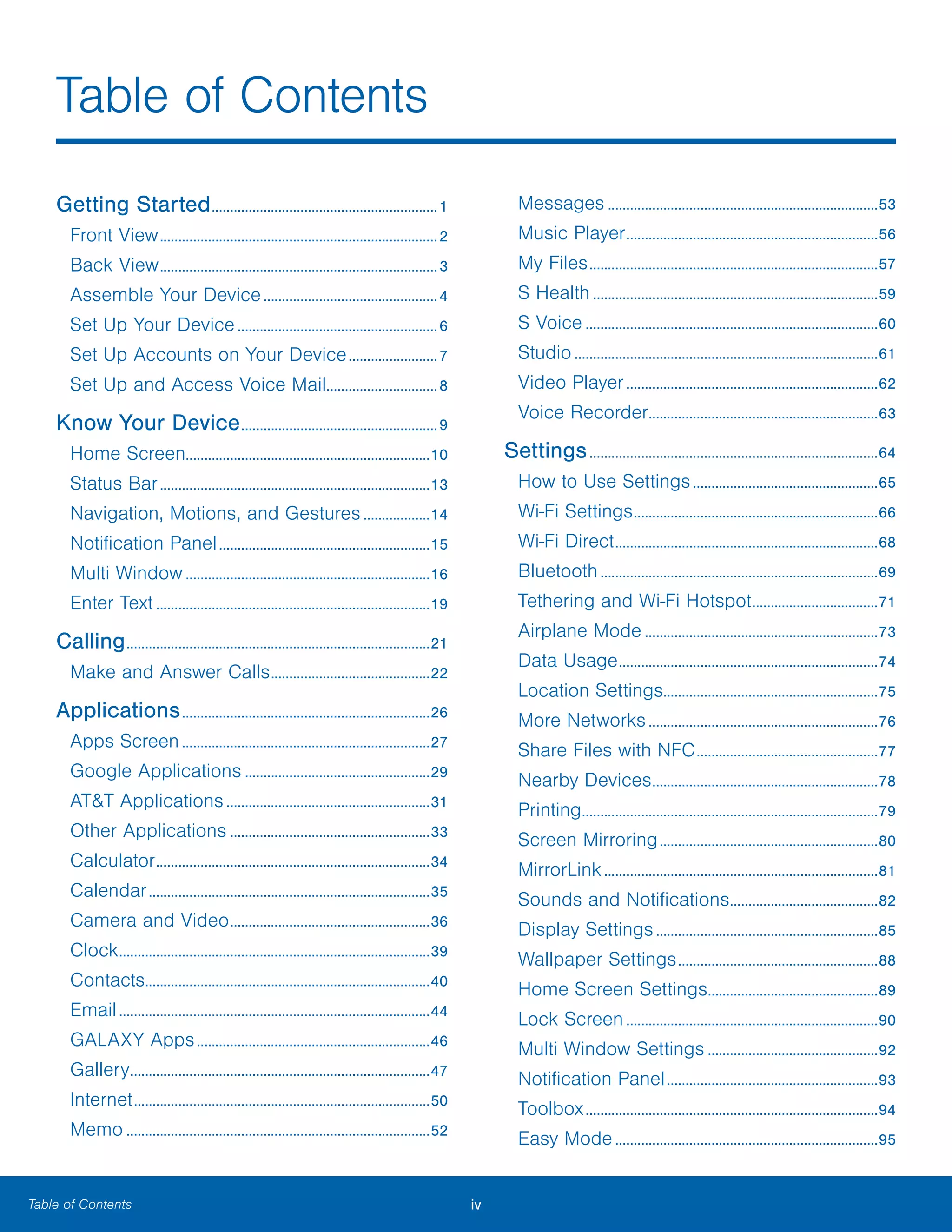 ivTable of Contents
Table of Contents

Getting Started.............................................................1

Front View...........................................................................2

Back View...........................................................................3

Assemble Your Device...............................................4

Set Up Your Device......................................................6

Set Up Accounts on Your Device........................7

Set Up and Access Voice Mail..............................8

Know Your Device.....................................................9

Home Screen..................................................................10

Status Bar.........................................................................13

Navigation, Motions, and Gestures..................14

Notification Panel.........................................................15

Multi Window ..................................................................16

Enter Text ..........................................................................19

Calling..................................................................................21

Make and Answer Calls...........................................22

Applications...................................................................26

Apps Screen...................................................................27

Google Applications ..................................................29

AT&T Applications.......................................................31

Other Applications ......................................................33

Calculator..........................................................................34

Calendar............................................................................35

Camera and Video......................................................36

Clock....................................................................................39

Contacts.............................................................................40

Email....................................................................................44

GALAXY Apps...............................................................46

Gallery.................................................................................47

Internet................................................................................50

Memo ..................................................................................52

Messages .........................................................................53

Music Player....................................................................56

My Files..............................................................................57

S Health .............................................................................59

S Voice ...............................................................................60

Studio..................................................................................61

Video Player....................................................................62

Voice Recorder..............................................................63

Settings..............................................................................64

How to Use Settings..................................................65

Wi-Fi Settings..................................................................66

Wi-Fi Direct.......................................................................68

Bluetooth...........................................................................69

Tethering and Wi-Fi Hotspot..................................71

Airplane Mode ...............................................................73

Data Usage......................................................................74

Location Settings..........................................................75

More Networks..............................................................76

Share Files with NFC.................................................77

Nearby Devices.............................................................78

Printing................................................................................79

Screen Mirroring...........................................................80

MirrorLink..........................................................................81

Sounds and Notifications........................................82

Display Settings............................................................85

Wallpaper Settings......................................................88

Home Screen Settings..............................................89

Lock Screen....................................................................90

Multi Window Settings ..............................................92

Notification Panel.........................................................93

Toolbox...............................................................................94

Easy Mode.......................................................................95

 